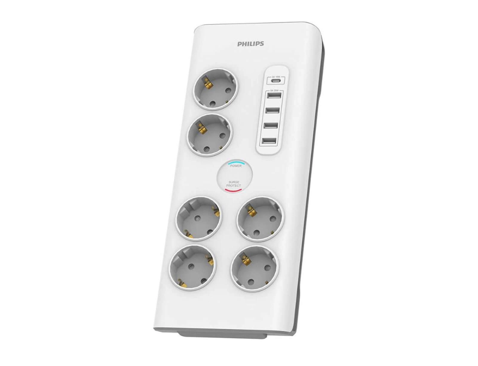 Εικόνα Πολύπριζο Ασφαλείας Philips SPN7060WA/GRS - 6x Schuko - 4x USB-A, 1x USB-C - Με Διακόπτη On/Off - Καλώδιο 2m - Λευκό